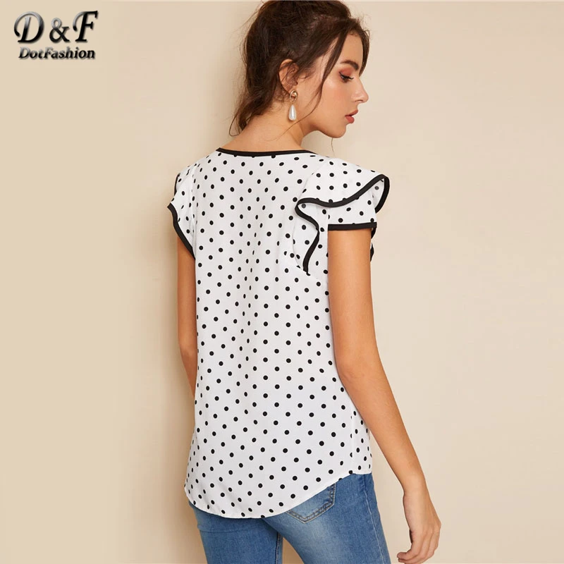 Dotfashion White Polka Dot Knot Piping Trim Blouse Women 2019 Summer Preppy Cap Sleeve Clothing Ladies Young Korean Fashion Tops