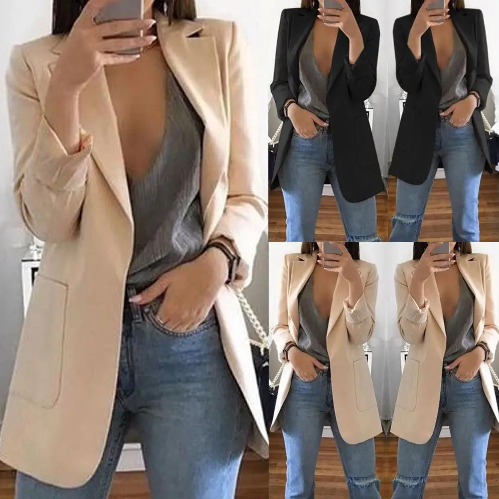 

S-5XL Fashion Slim Blazers Women Autumn Suit Jacket Female Work Office Lady Suit Black with Pockets Business Notched Blazer Coat