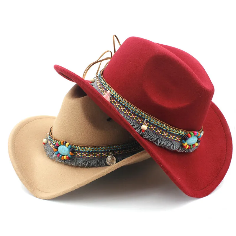 Child Wool Hollow Western Cowboy Hat with Fashion Tassel Belt for Kids
