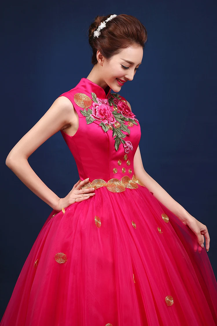 Китайский Стиль красный рукавов Стенд Цветы Вышивка платья певица Производительность вечерние хост костюмы