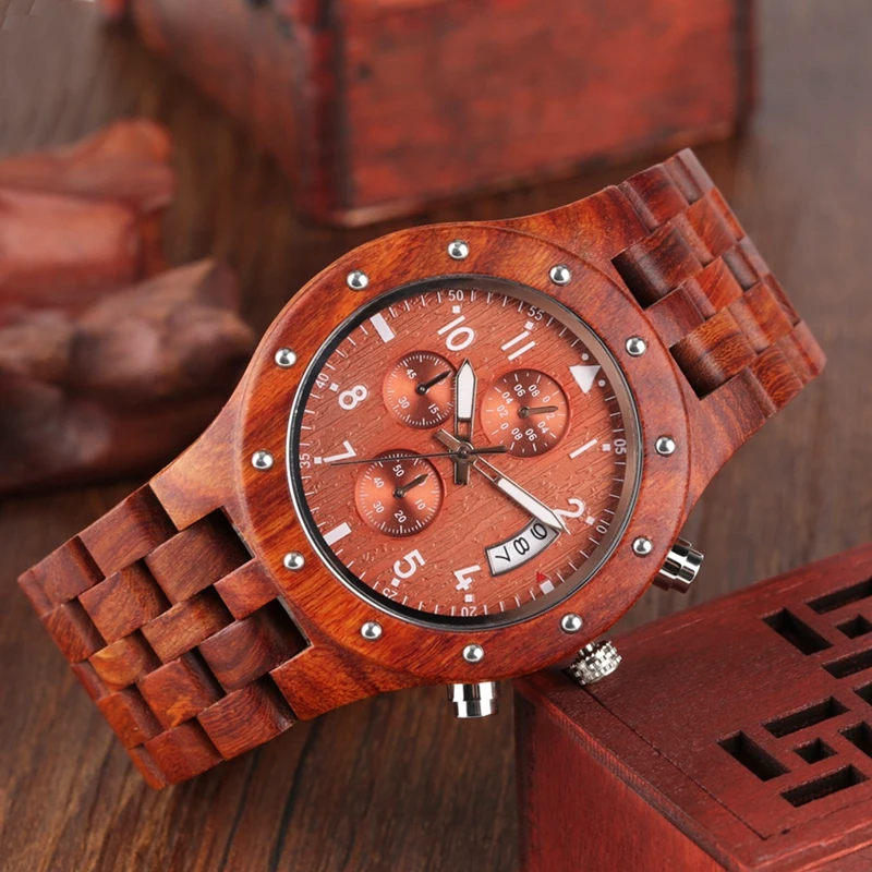 

Retro Wood Watches for Men Unique Round Dial Light Clock Man Full Natural Wooden Band Bracelet Calendar Date Quartz Wrist Watch