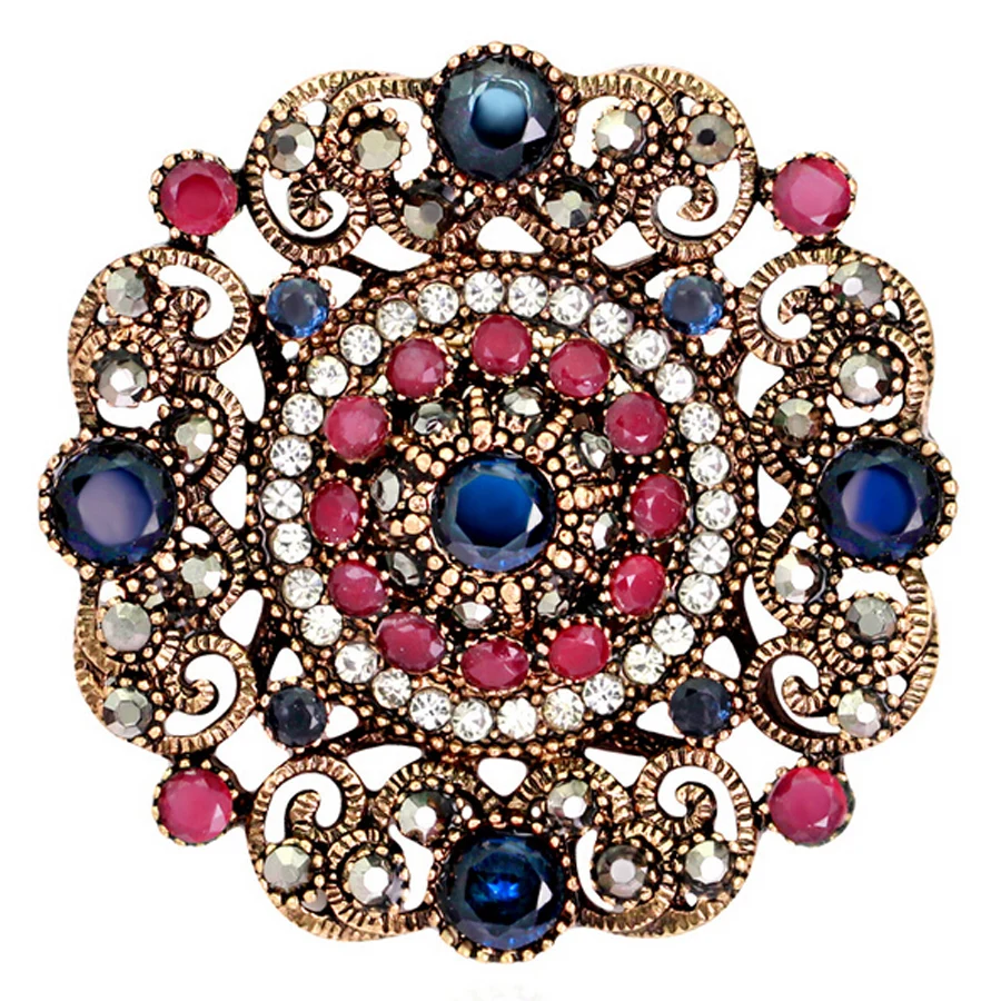 Vintage Round Resin Brooches Crystal Flowers Style Brooch Pins Women