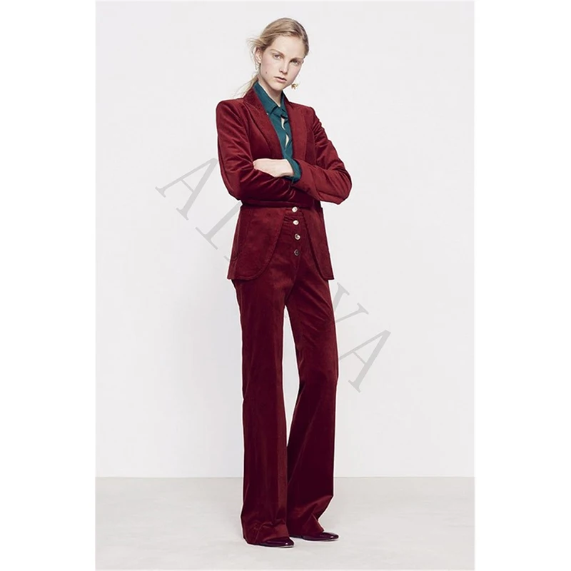 5-1 Wine Red Women Casual Office Business Suits Velvet Formal Work Wear 2 Piece Sets Office Uniform Styles Elegant Pant Suits Custom