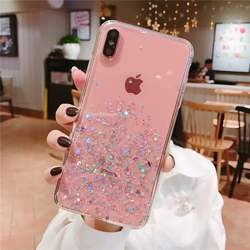 

Pink Epoxy Sequin Phone Case for iphone iphone XS Max Transparent Glitter All-inclusive Anti-fall Soft Cover XS Max XS XR X