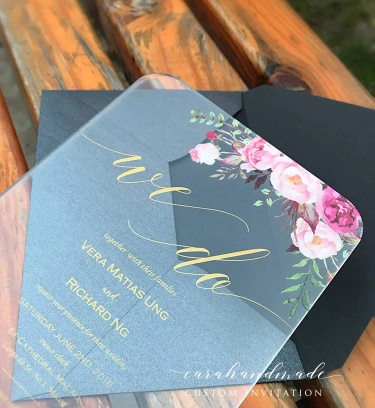  Customized Clear Acrylic Floral wedding invitation Cards with Gold Printing - 32867044821