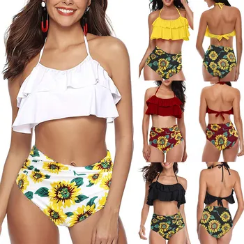

Women Two Piece Plus Size Sexy Backless Halter Beach Printed Swimwear Set
