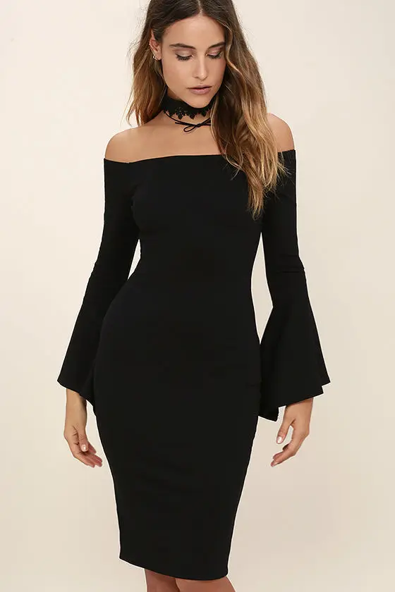 

Casual Black Dresses for Women long sleeve Flare Sleeve Off the Shoulder Slash Neck Short Knee Length Summer Party Girls Dress