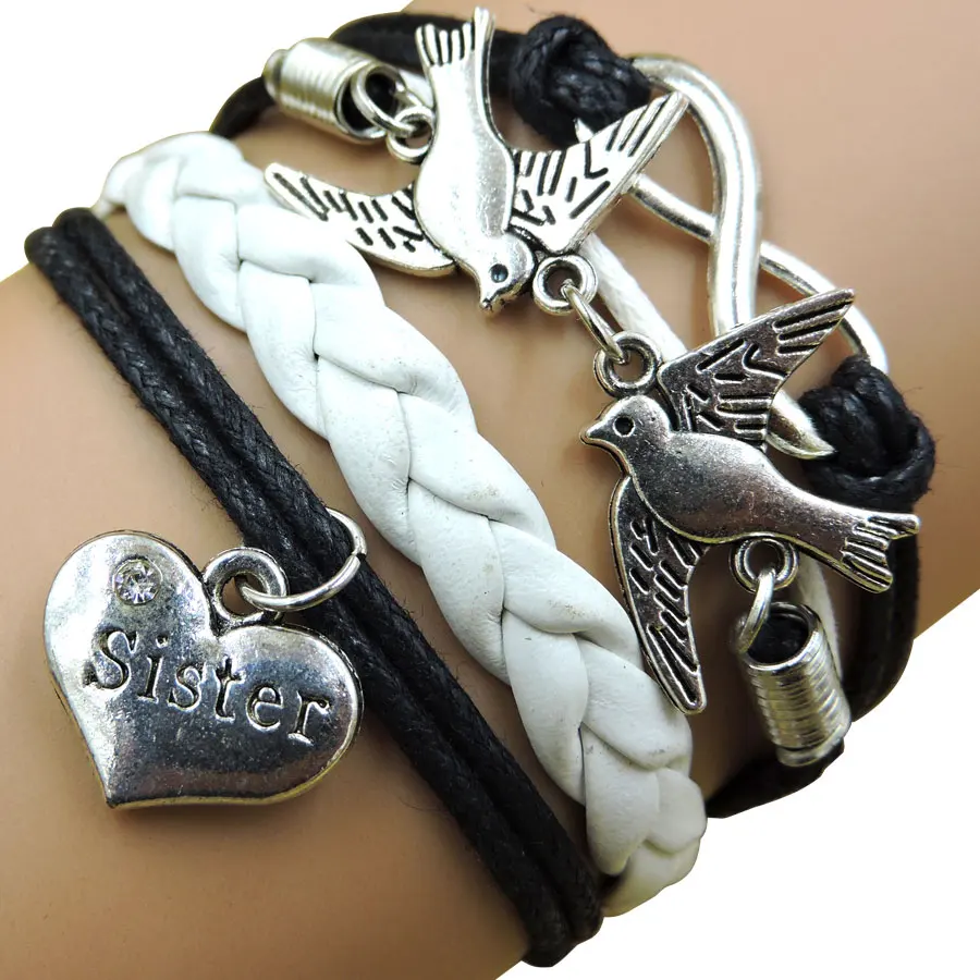 Infinity Sister Heart Peace Birds Multilayer Leather Bracelets & Bangles for women with girls wholesale bracelet B3002