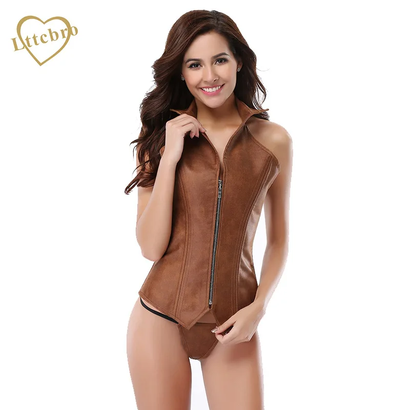 

Faux Leather Corset Top Zipper Front 16 Steel Boned Bustiers Corset Vest with Buckles Push Up Steampunk Waist Overbust Corset