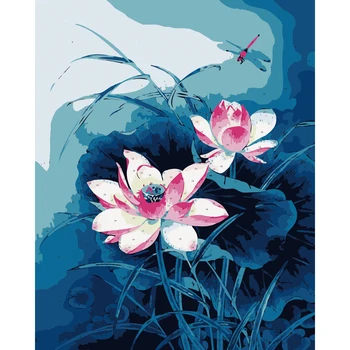 

Frameless Pond Lotus Chinese Oil Painting By Numbers Canvas DIY Pictures Coloring Wall Arts Pictures For Living Room