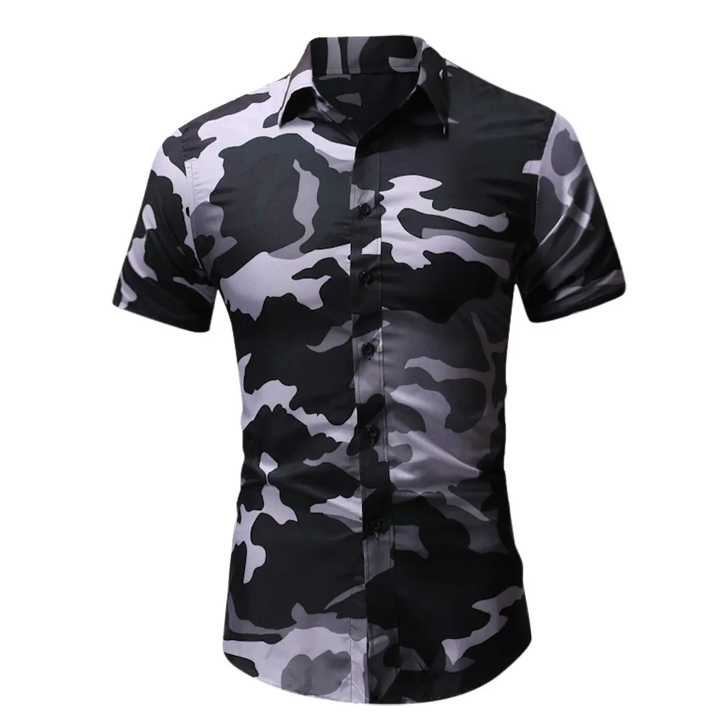 Модные для мужчин; короткий рукав Повседневная Блузка camouфлаг печати отложной воротник рубашки из ткани в рубчик верхняя одежда мужчин s