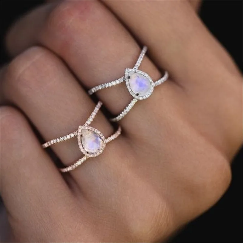 

Boho Rainbow Opal Rings For Women 925 Silver/Rose Gold Filled Pear Moonstone Ring Female Wedding Stackable Midi Ring Gift jz426