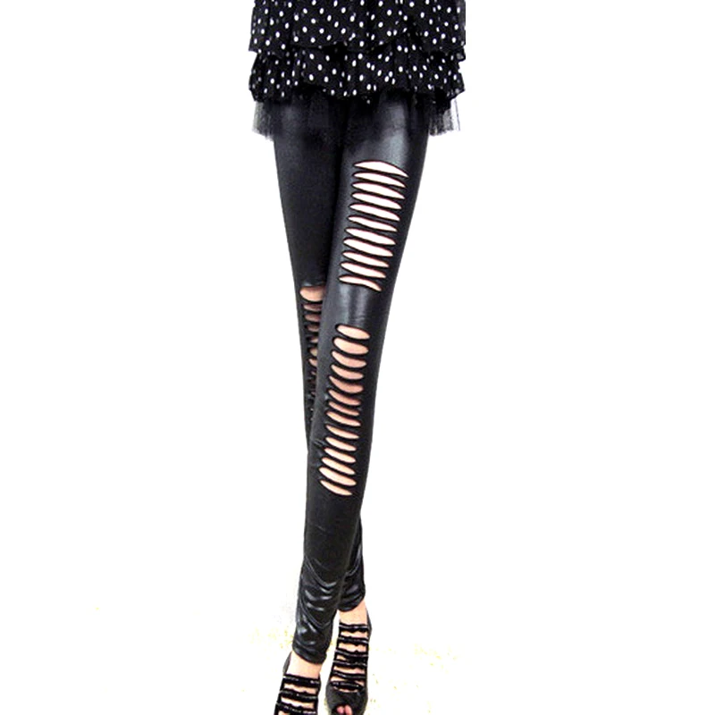 Fashion Spring Women Slimming Leggings New Faux Leather Black Ripped