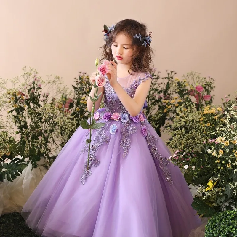 Фиолетовые кружева с пайетками, бальное платье, платья для девочек, держащих букет невесты на свадьбе, с цветочным поясом, платья для первого причастия, Платья для особых случаев - Цвет: Purple as picture