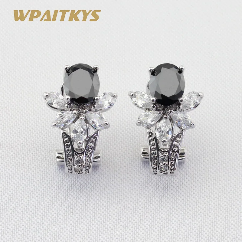 

Silver Color Women Hoop Earrings Charming Flower Black Stones White CZ Jewelry Free Gift Box