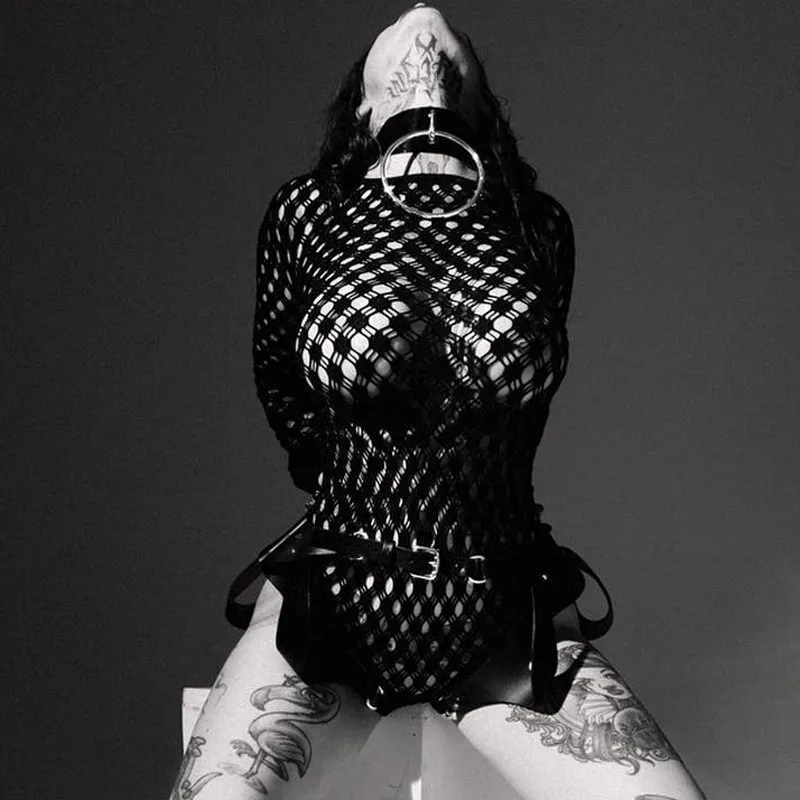 

new arrival 2019 long sleeve mesh bodysuit pole dance body femme sexy club wear one piece black hollow out bodysuit open crotch