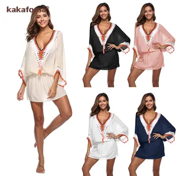 

Kakaforsa Sexy Crochet Hollow Beach Cover Up Tassel Swimwear Cover Beachwear Bikini Beach Dress Knitted Bathing Suit Cover-Ups