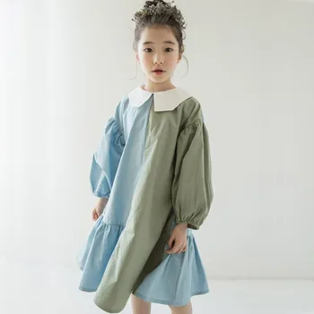 

Autumn Spring 100% Cotton Long Sleeve Dress For Girl And Mom Loose Patchwork Little Kids Dresses Black Green Peter Pan Collar