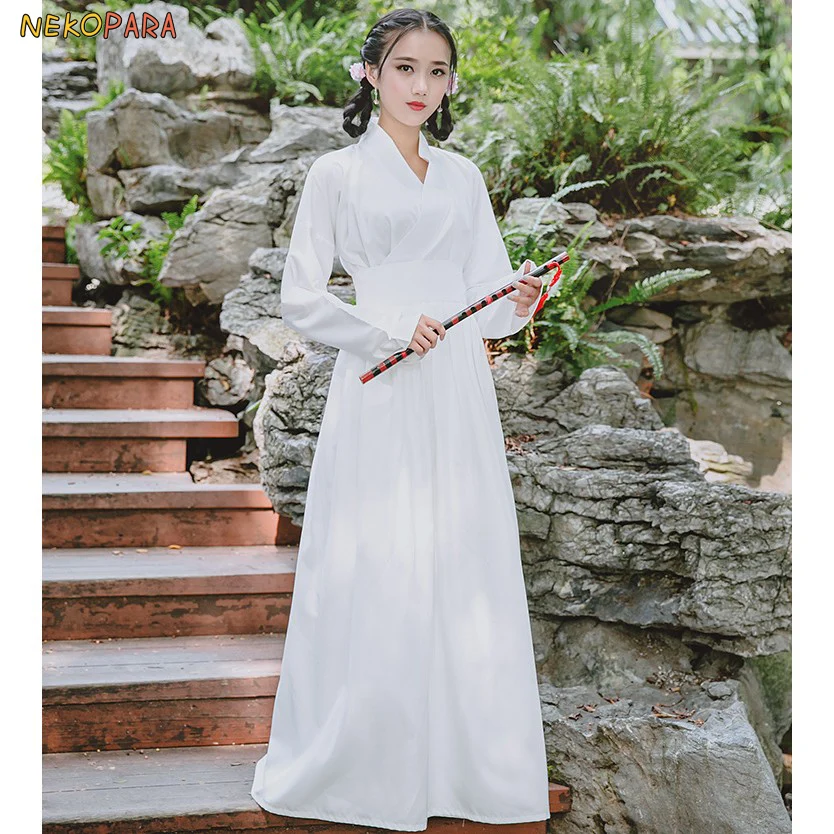 

Women's Elegant Chinese Style Hanfu Vintage Daily Dress Four Seasons Pajamas Nightgown Cross V-Neck Long Dress 2Pcs Set