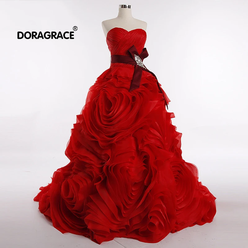 

Doragrace vestido de noiva Real Photo Luxury Sweetheart Sleeveless Lace-Up Organza 3D Floral Red Princess Wedding Dresses