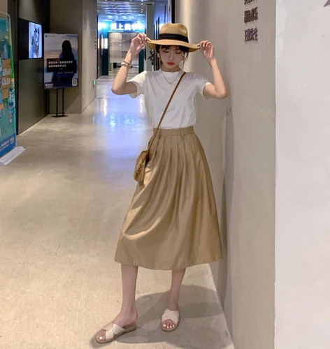 

Korean Short Sleeve White T-shirts Woman Light Khaki Pleated Skirts 2 Piece Set Women Elegant Sets Clothes Two Piece Ladies