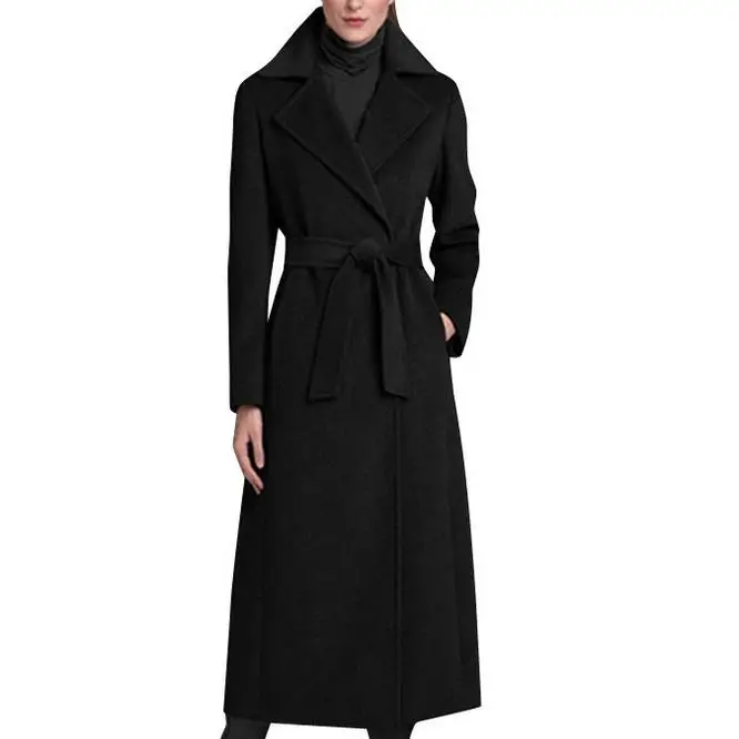 

autumn Winter fashion Women turn-down collar Black Woolen Maxi Long Coat Slim Belt Robe Overcoat wool blends coat