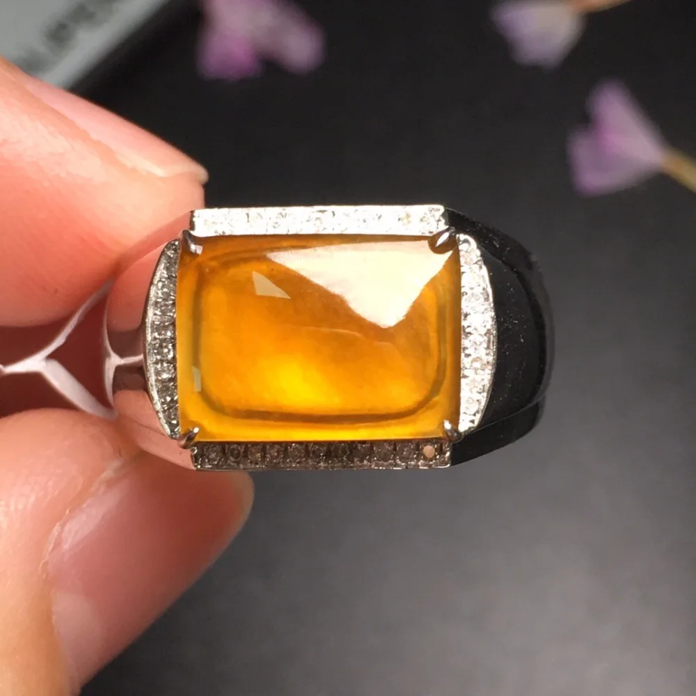 

319 Fine Jewelry 18K White Gold Real Natural Yellow Jade Burma Origin Saddle Wedding Engagement Male Rings for Men Fine Ring