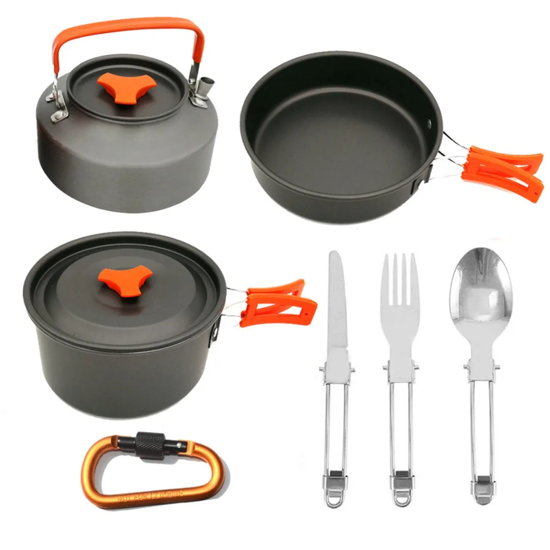 Outdoor Camping Pot Set Portable Camping Cooking Pot Cookware Set With Teapot & Tableware For Outdoor Hiking Travel Picnic