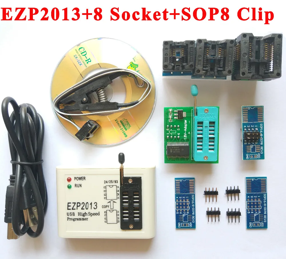 

NEW original High Speed EZP2013 USB Programmer + 8 adapter socket + SOP8 SOIC8 clip 24 26 25 93 Bois EEPROM Flash