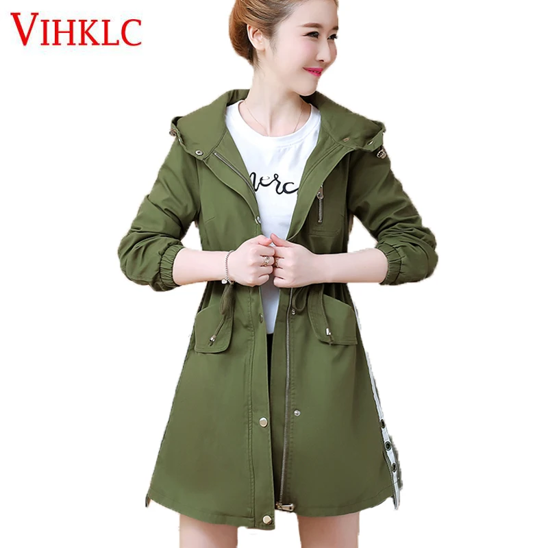 

Spring Autumn Windbreaker Female 2018 New Loose Army Green Long Section Hooded Casual Students Bf Trench Coat Women Tide Z157