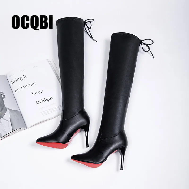 Женские ботинки на высоком каблуке; с красной подошвой ботфорты; кожаные сапоги; модные Красота женские высокие ботинки размер 35-39 - Цвет: black