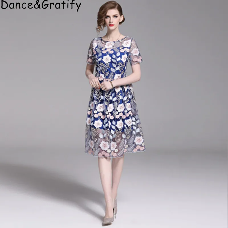 Vintage Summer Embroidery Dress Women Runway Vestidos Short Sleeve Big Size A-Line Mesh Holiday Party | Женская одежда