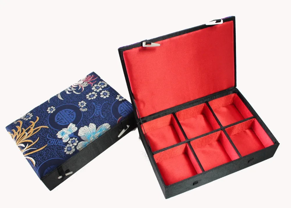 

Chinese Handmade Classic Silk Rectangle 6 Square Jewelry Box Compartment