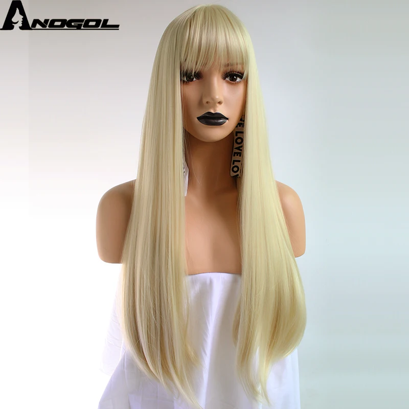 Anogol высокотемпературное волокно Peruca длинные прямые Платиновые светлые волосы парики Оранжевый Синтетический парик для женщин косплей с бахромой