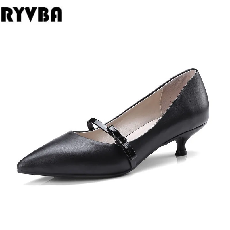 

RYVBA women 2018 thin mid heels genuine leather pumps womens fashion summer autumn work pointed toe ladies hot woman party shoes