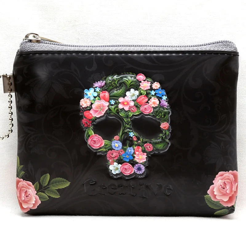 

wholesale Popular rose skull coin purse Zipper Pouch mini coin purse for women