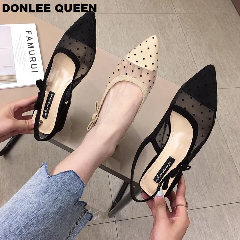 

2019 Summer Autumn Shoes Women Fashion Polk Dot Mesh Low Heel Sandals Female Pointed Toe Party Dress sandalias mujer Casual Shoe