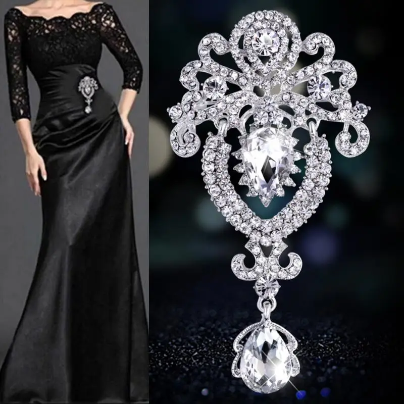 

1pcs Crown Bridal Brooch Rhinestone Crystal Wedding Party Silver Clothes Women Broach Pin 9.7*5.1 cm
