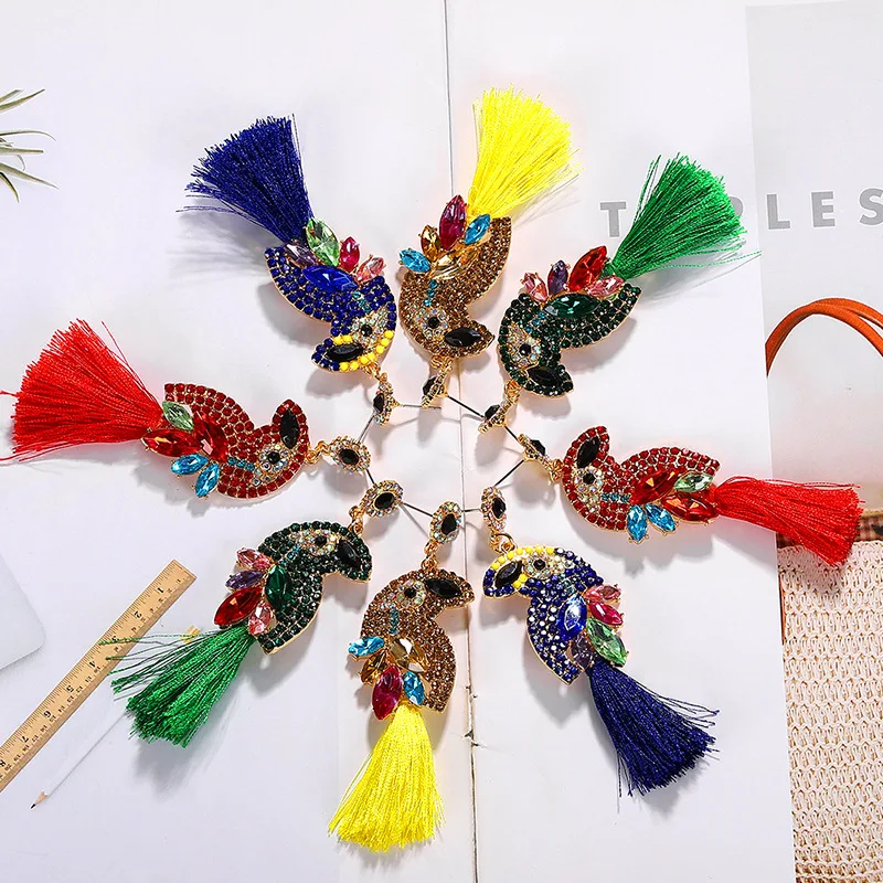 

LEADERBEADS Women's Luxury Multicolor Crystal Bird Long Tassel Earrings Girl's Ethnic Rhinestone Fringe Animal Brincos Jewelry