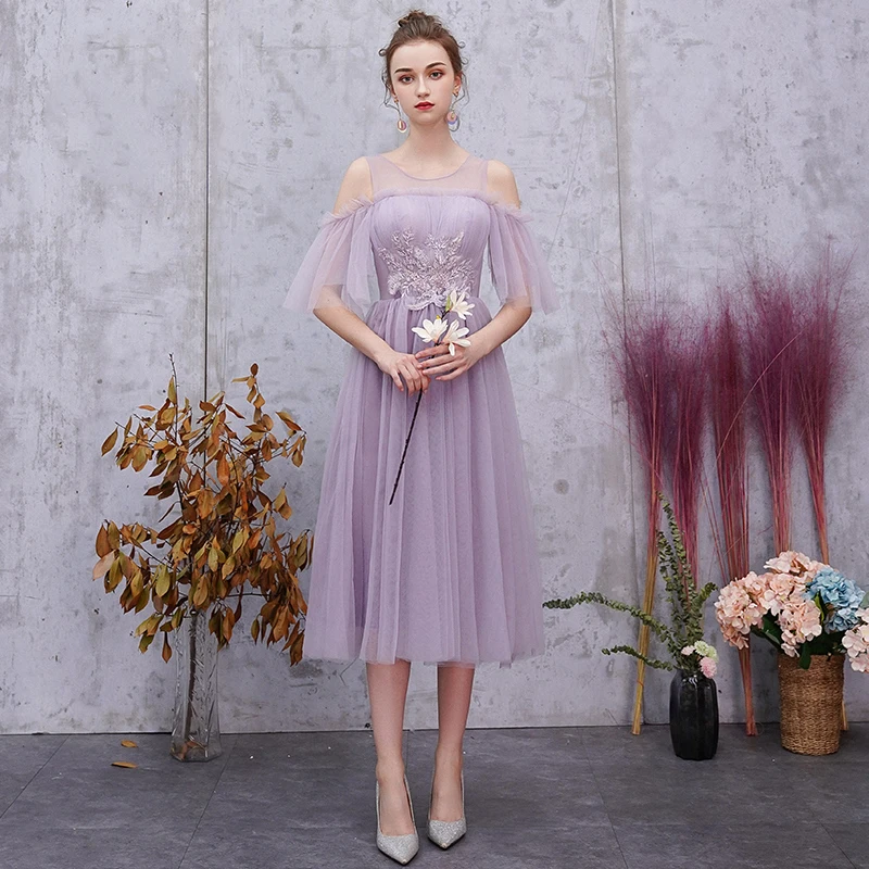 SSYfashion/Элегантные фатиновые платья длиной до колен фиолетового цвета для подружек невесты для женщин, свадебные платья для гостей, вечерние платья на заказ - Цвет: purple