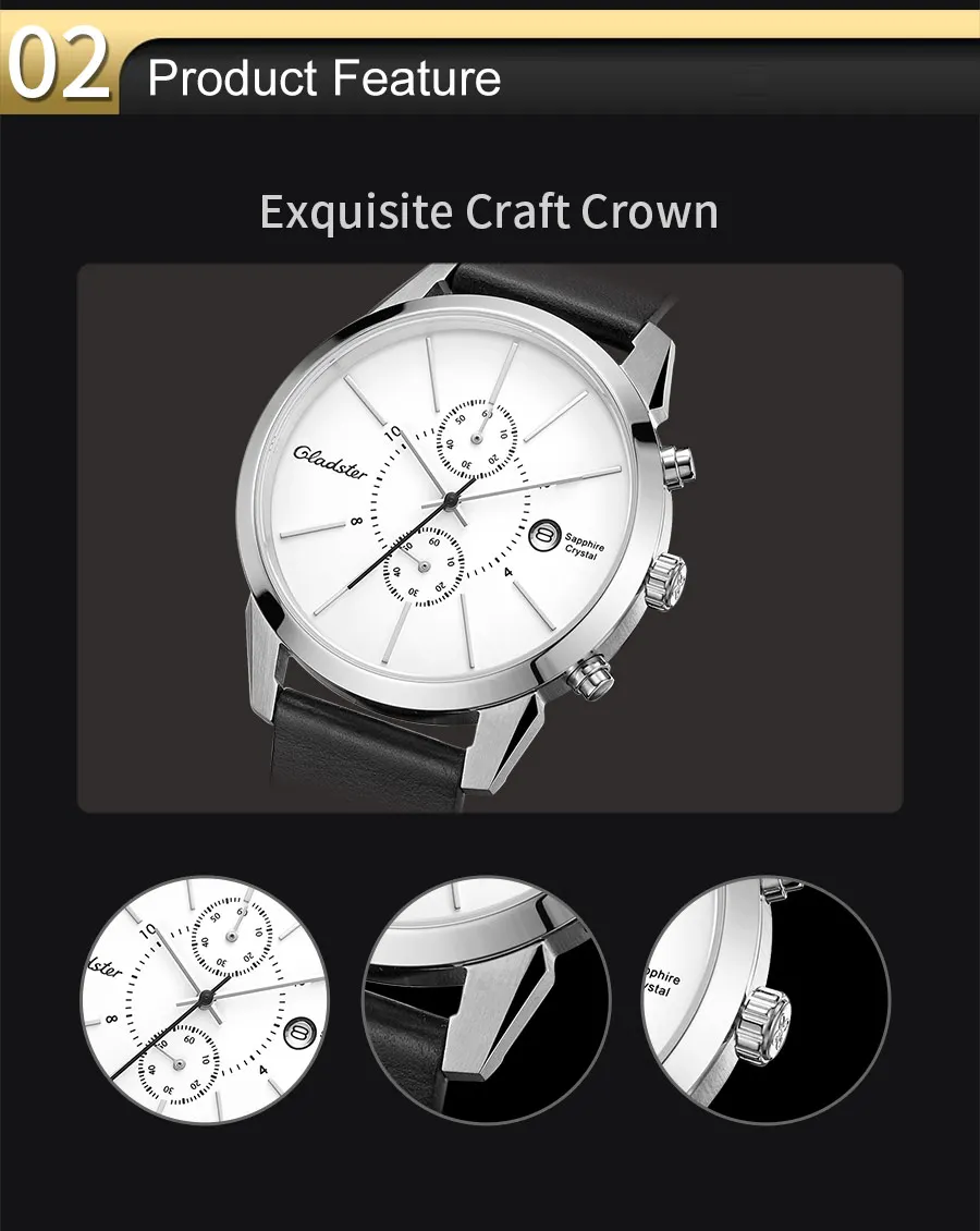Gladster Japan MIYOTA OS11-3H часы с хронографом и календарем, сапфировое стекло, кожаные мужские наручные часы, водонепроницаемые мужские кварцевые часы