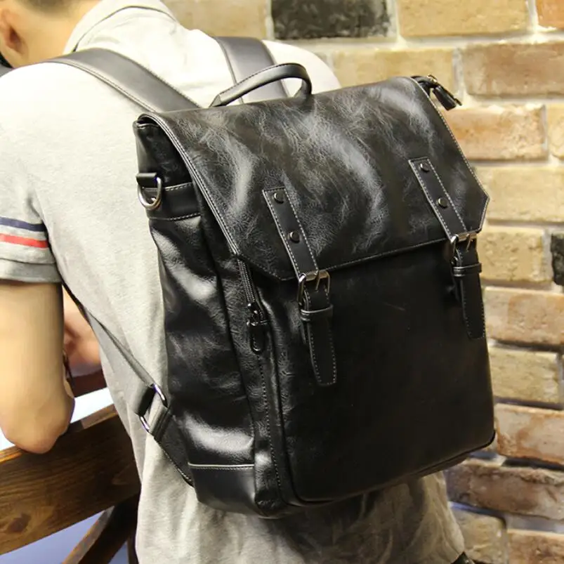 Black Waterproof 15.6 inch Laptop Backpack Men Leather Backpacks for Teenager Male Casual ...