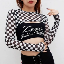 MIARHB femmes Sexy maille pur noir blanc à manches longues Plaid exposé Ombilical Perspective t-shirt style décontracté haut ajusté haut en maille A20