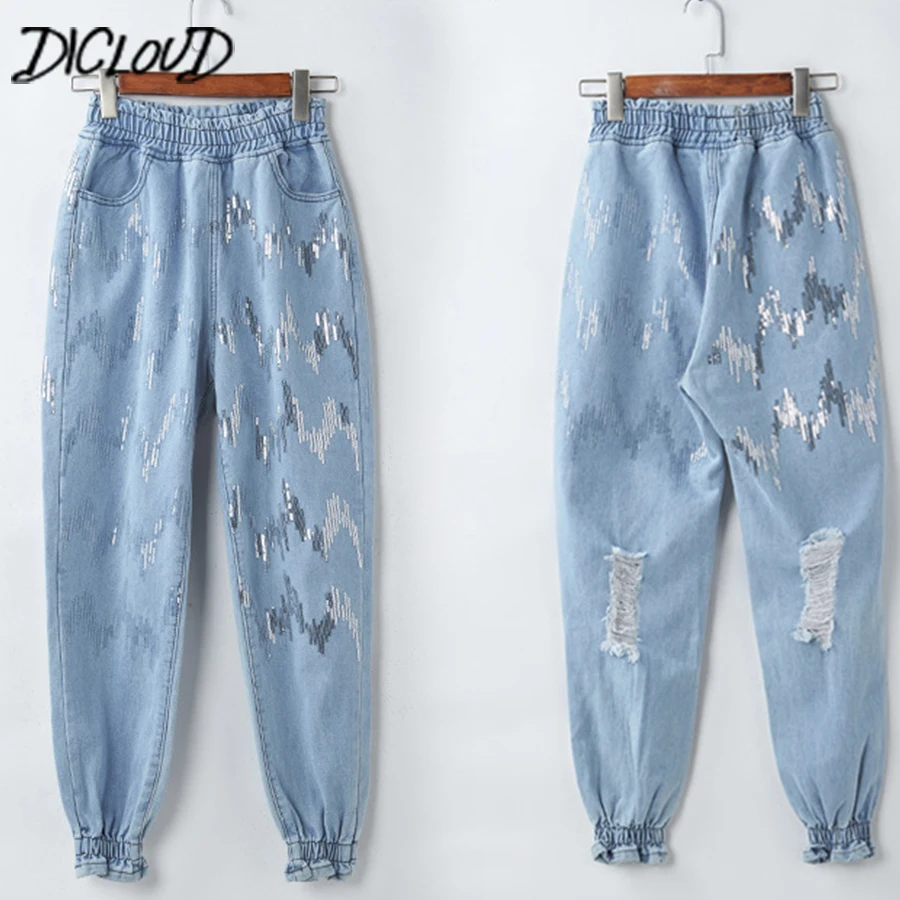 

New Korean Sequined Harem Pants Women 2018 Fashion Blue Elastic Waist Jeans Female Casual Hole High Waist Ladies Jeans Trousers