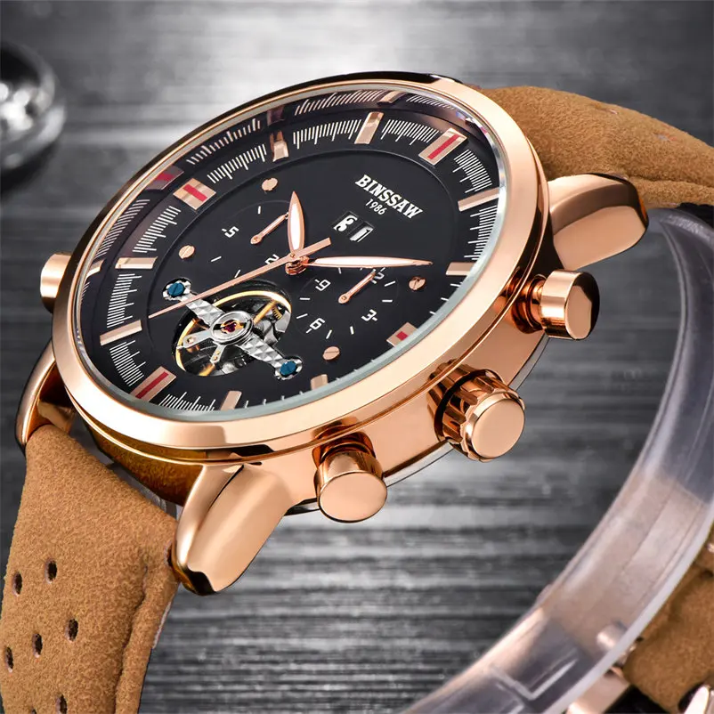 BINSSAW Tourbillon Мужские автоматические механические часы новые кожаные