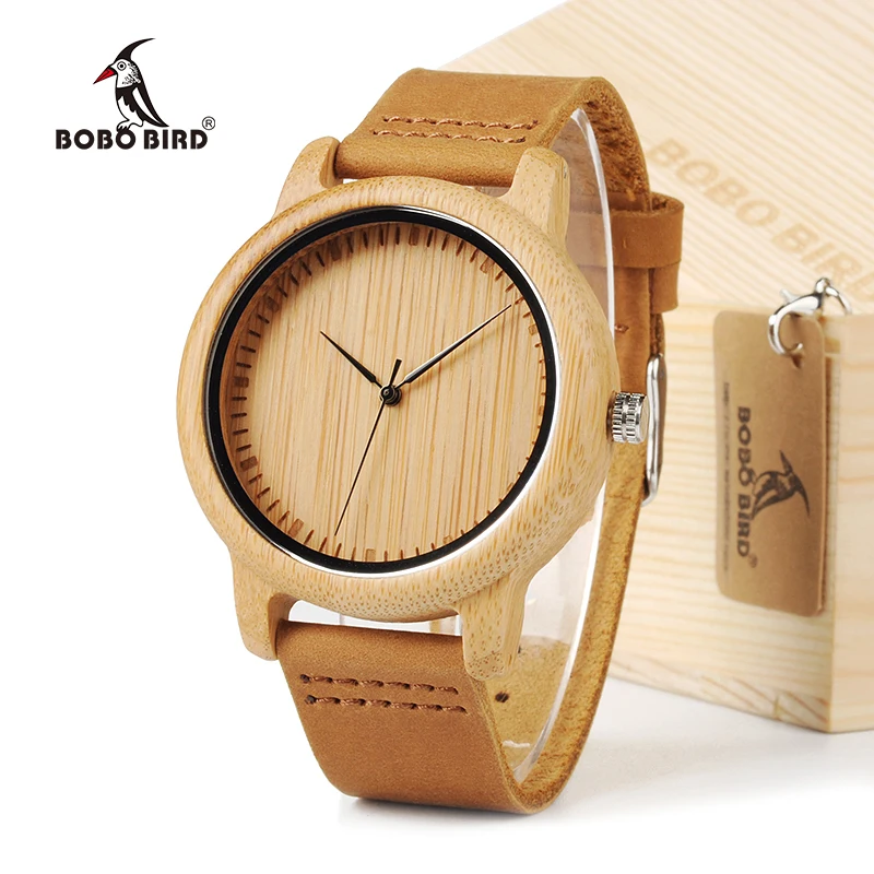 

BOBO BIRD Simple Men Bamboo Watches 43mm Wood Dial with Leather Strap in Gift Box