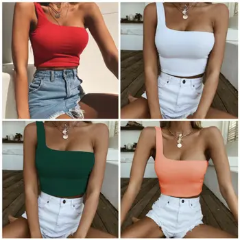

Women Casual Single shoulder Tank Tops Vest Sleeveless Crop Top Shirt Hot Sexy Fashion Solid Color High Quality Hot Sale