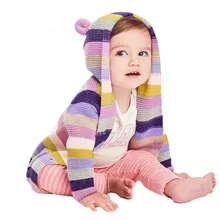 Милый свитер в полоску с рисунком для маленьких мальчиков и девочек от 6 до 24 месяцев вязаные топы с капюшоном, теплое пальто ярко-розовая и синяя одежда Прямая