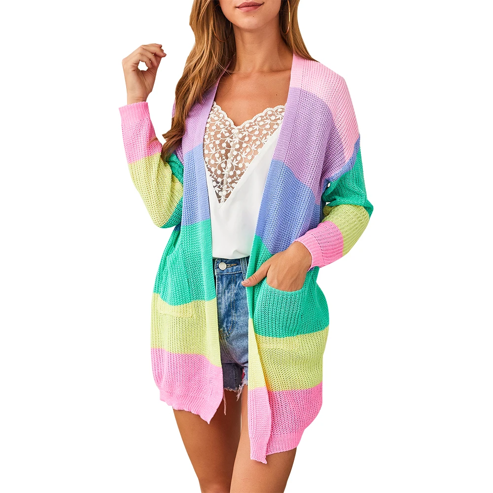 

LITTHING Rianbow Striped Cardigan Women Sweater Long Sleeve Open Stitch Knitted Cardigan Kawaii Cute Sweater Fashion Casual Coat