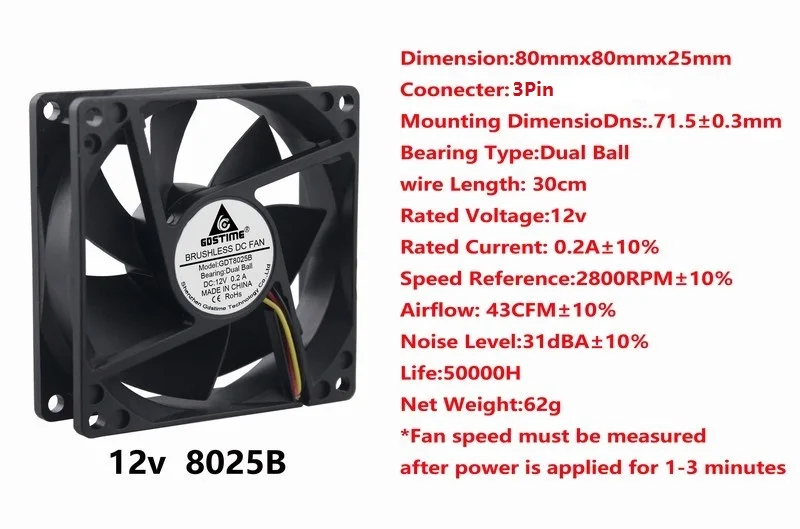 1 шт Gdstime 12 вольт 0.2A 3Pin три провода два шарика 80 мм x 25 мм вентилятор охлаждения постоянного тока 12 В 8025 чехол для компьютера охладитель 8 см 80*80*25 мм